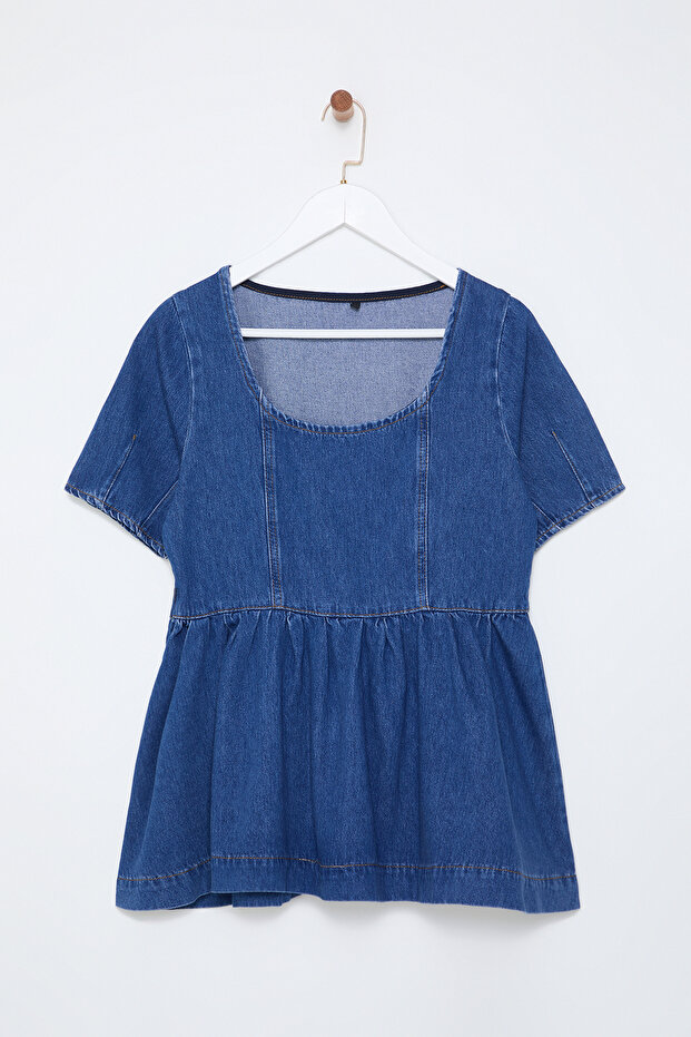 Mavi Dikiş Detaylı Volanlı Denim Bluz TWOSS25BZ00001 - 6