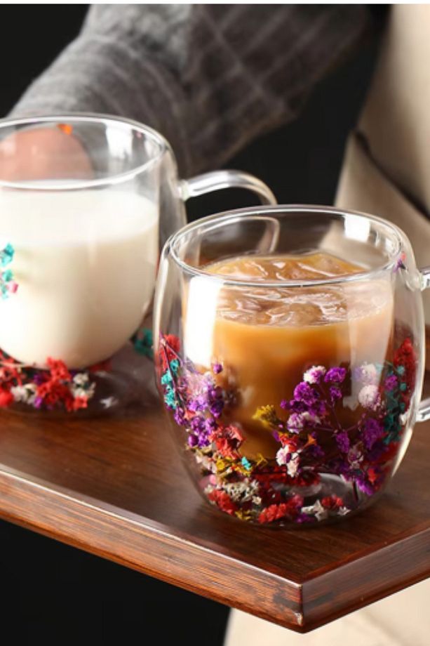 250 ML Dekoratif Kurutulmuş Çiçekli | Çift Cidarlı Isıya Dayanıklı Borosilikat Kupa Bardak - 4
