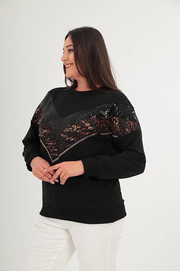 Plus Size Black Sequin Sequined and Stonework Leopard Print V Block Sweatshirt - 65N38659 - 2