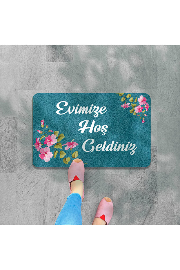 Welcome Written Digital Printed Flower Pattern Hooded Non-slip Mat - Washable for Inside and Outside - 1