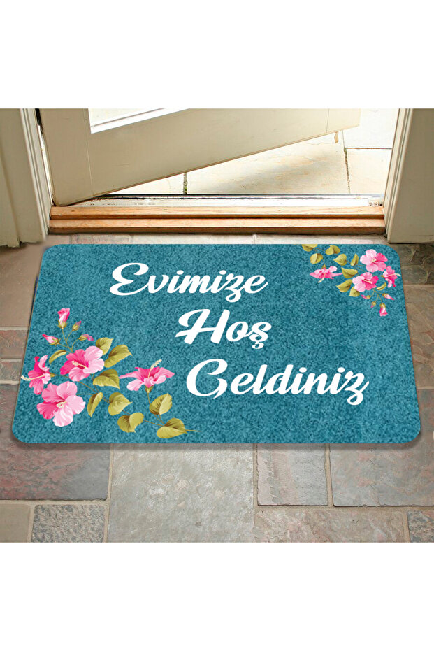 Welcome Written Digital Printed Flower Pattern Hooded Non-slip Mat - Washable for Inside and Outside - 4