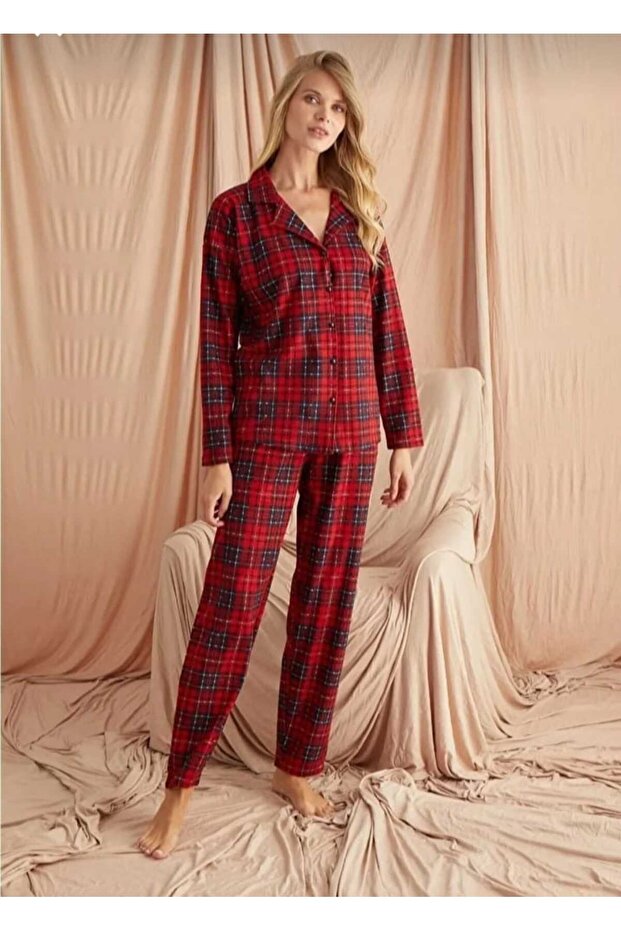Suede Buttoned Baby Collar Long Sleeve Long Bottom Pajama Set