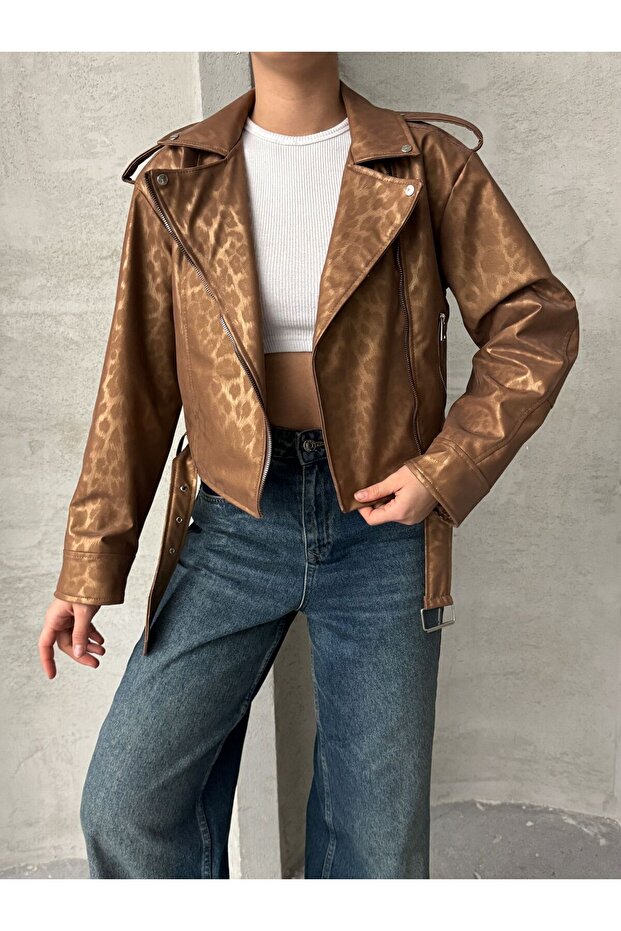 Oversized Belted Leopard Leather Style Jacket