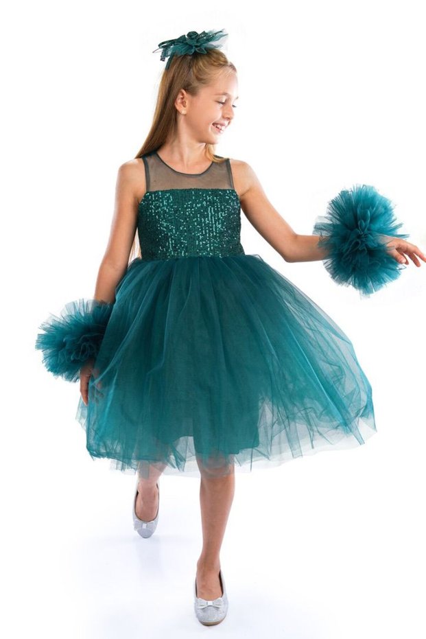 Girls Birthday Party Dress with Pompom Sleeves Tulle Sequin Buckle Bow