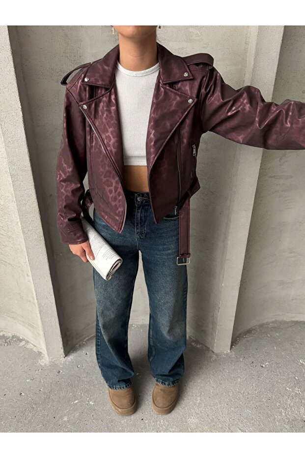 Oversized kožená leopardí bunda s páskem - 4