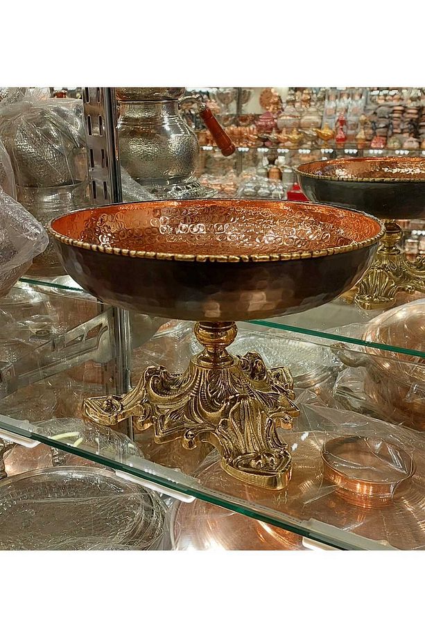 Bakır Meyvelik Bakır Kurabiyelik Bakır Şerlik Çekiç Desenli El Yapımı Ayaklı Model Eskitme Model - 7
