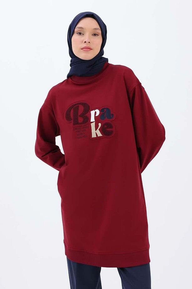 Vişne-APLİKE NAKIŞLI SWEAT TUNİK - 1
