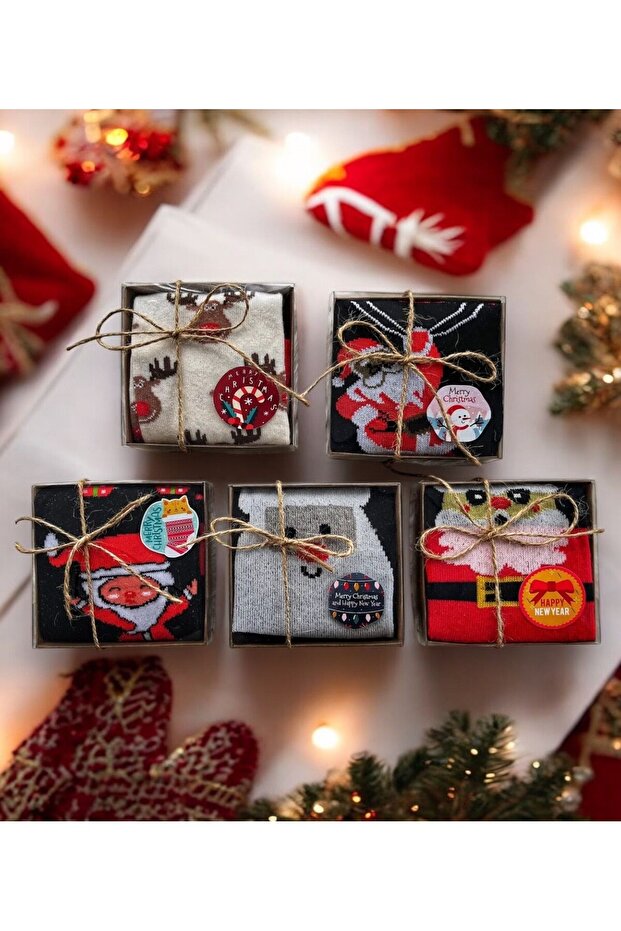 5-piece christmas patterned boxed socket sock set boxed christmas gift