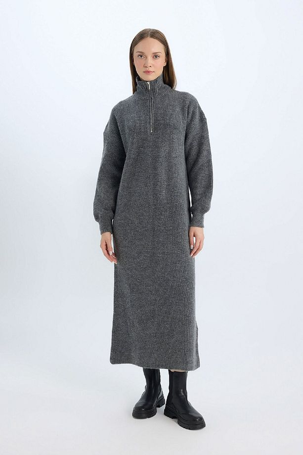 Regular Fit Fermuarlı Dik Yaka Uzun Kollu Triko Maxi Elbise	 B0195AX24WN - 1