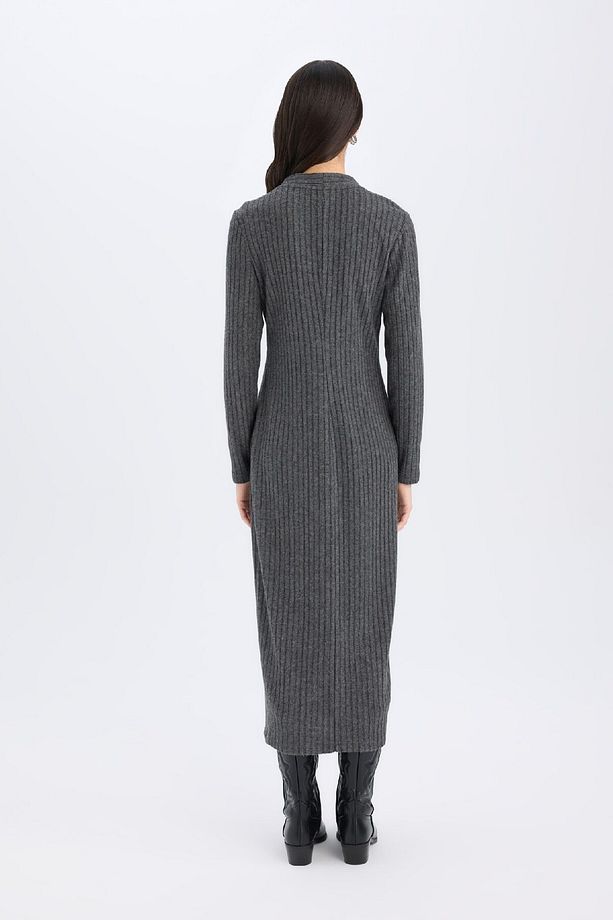 Bodycon Vücudu Saran Basic Düz V Yaka Düğmeli Fitilli Kaşkorse Midi Uzun Kollu Elbise B3261AX24WN - 5