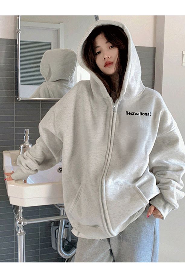 Recreational Kalın Hırka - Gri Baskılı Kışlık Oversize Kapüşonlu Fermuarlı Cepli Hırka - 1
