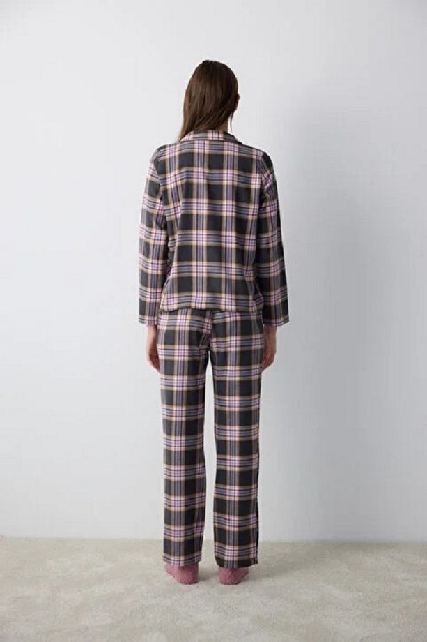 Pamuklu Halie Checked Antrasit Gömlek Pantolon Pijama Takımı - 6