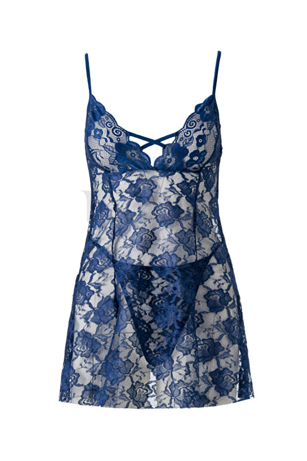 Navy Blue Floral Print See-Through Lace Nightgown Set with Straps