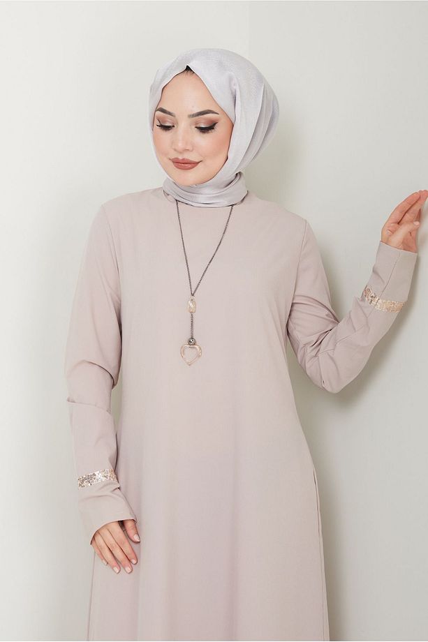 Kadın Giyim Abiye Moda Pullu Kolyeli Uzun Tesettür Elbise 2682 - 3