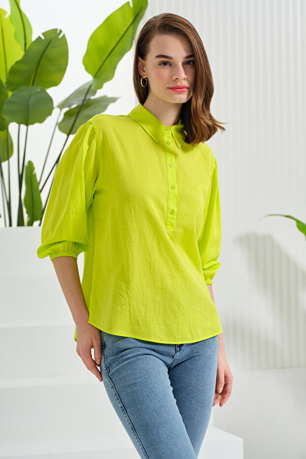 Half Placket Three Quarter Sleeve Blouse - 3