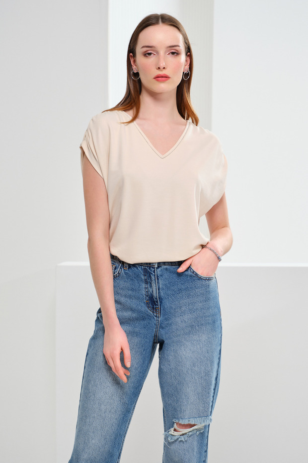 Omuzu Büzgülü Örme Bluz - 1