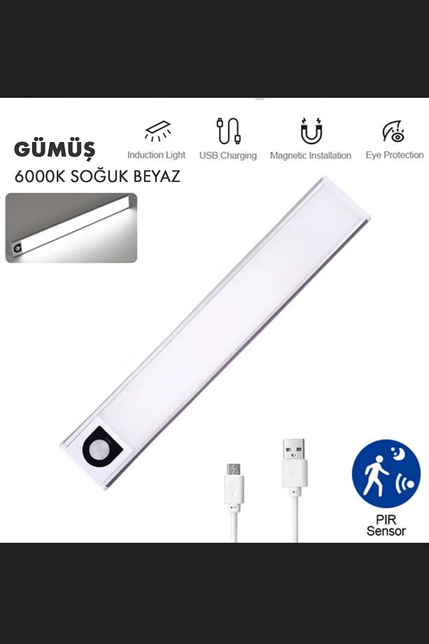 Akıllı Hareket Sensörlü 3 Işık Modlu Lamba Dolap Mutfak Işığı - 40 Led - 40 Cm Usbli-Şarj - 5