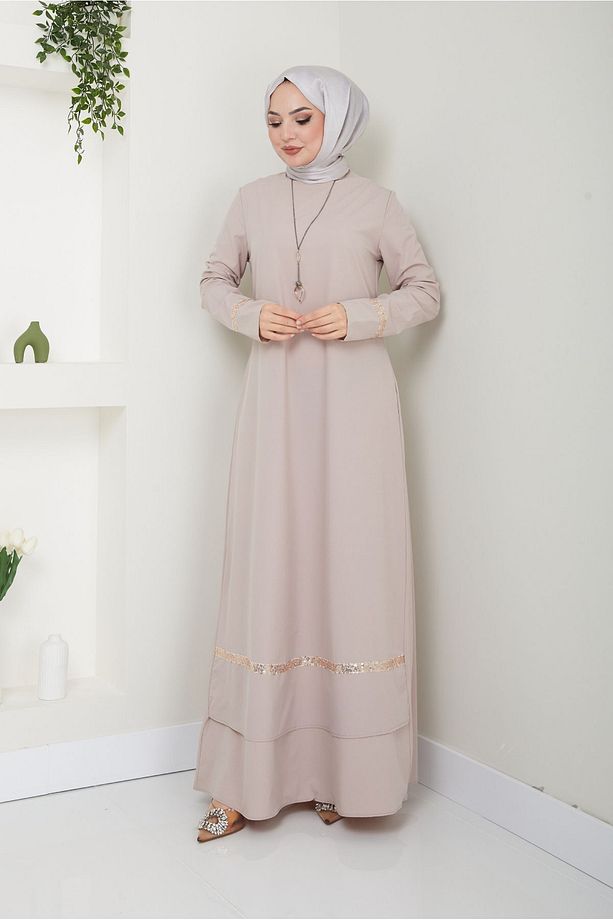 Kadın Giyim Abiye Moda Pullu Kolyeli Uzun Tesettür Elbise 2682 - 2