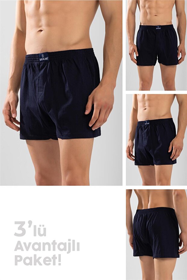 Men's Cotton Comfortable Cut Towel Waist Boxer 3 Pack Navy Blue