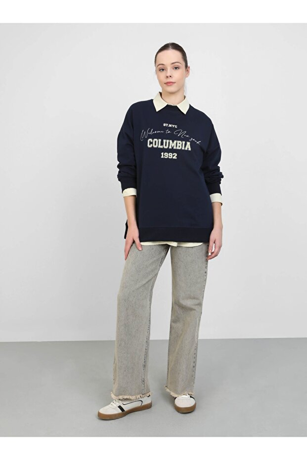 Navy Blue Oversize Sweatshirt - Print Detail - Benin