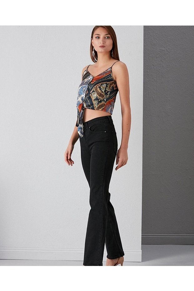 A129783 Shiny Black Women's High Waist Spanish Flare Wide Leg Jean Denim Pants