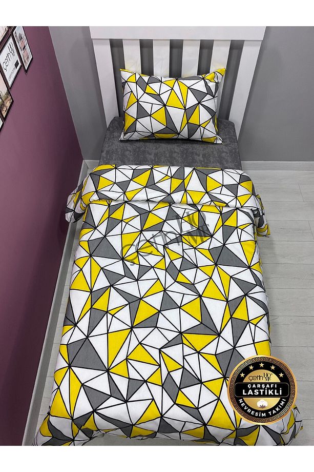 Çetinhome Çarşafı Lastikli Tek Kişilik Nevresim Takımı Sarı Piramit - 4
