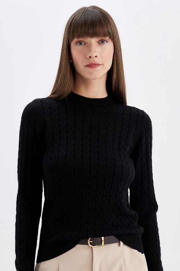 Regular Fit Bisiklet Yaka Saç Örgülü Düğmeli Siyah Triko Kazak X7713az24wn - 1