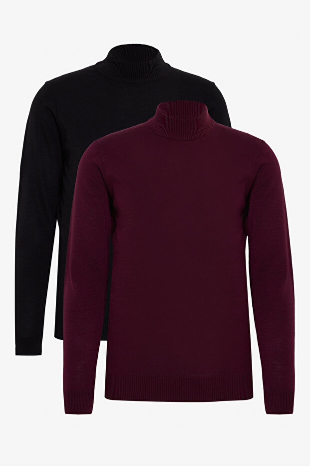 Erkek Bordo-Siyah 2'li Paket Standart Fit Normal Kesim Yarım Balıkçı Yaka Basic Triko Kazak - 1