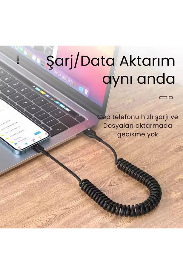 5a 66w Spiral Usb To Type C Şarj Ve Data Kablosu,1-1,5 Metre Kısayıp Uzayabilen Elastik Kablo - 3