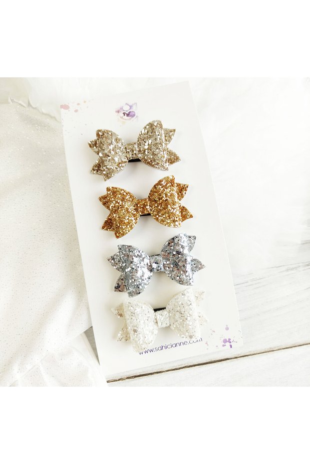 Set of 4 Glittery Bow Hair Clips for Babies, 6cm Ecru-Silver-Light Gold-Dark Gold