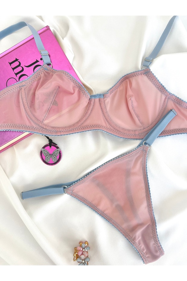 Coverless Underwire Double Color Tulle Lingerie Set with Jane Sides Detail