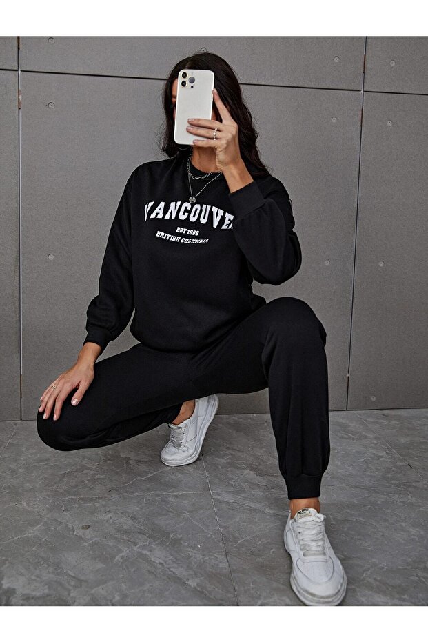 Women's Black Vancouver Bottom Top Tracksuit Set Oversize Crew Neck