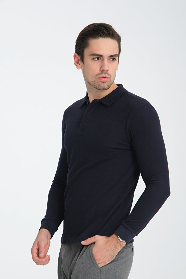 Men's Regular Fit Polo Collar Basic Sweatshirt with Drop Knit