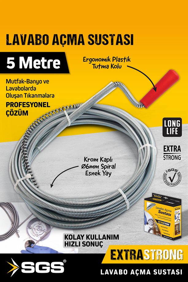 SGS972 5 Metre Lavabo Açma Sustası Lavabo Gider Boruları Açma Teli - 1