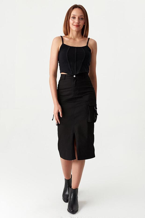 Kadın Kargo Cepli Yırtmaçlı Midi Etek - 1