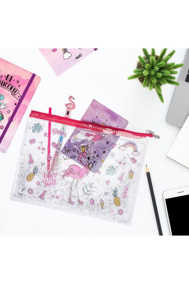 Flamingo Simli ve Sulu Fermuarlı Şeffaf A4 Dosya - 5