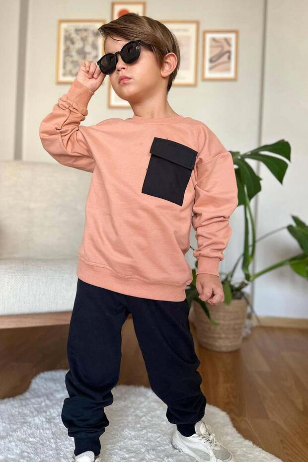 Boy's Sweatshirt with Cover Pocket and Crew Neck Salmon Tracksuit Set