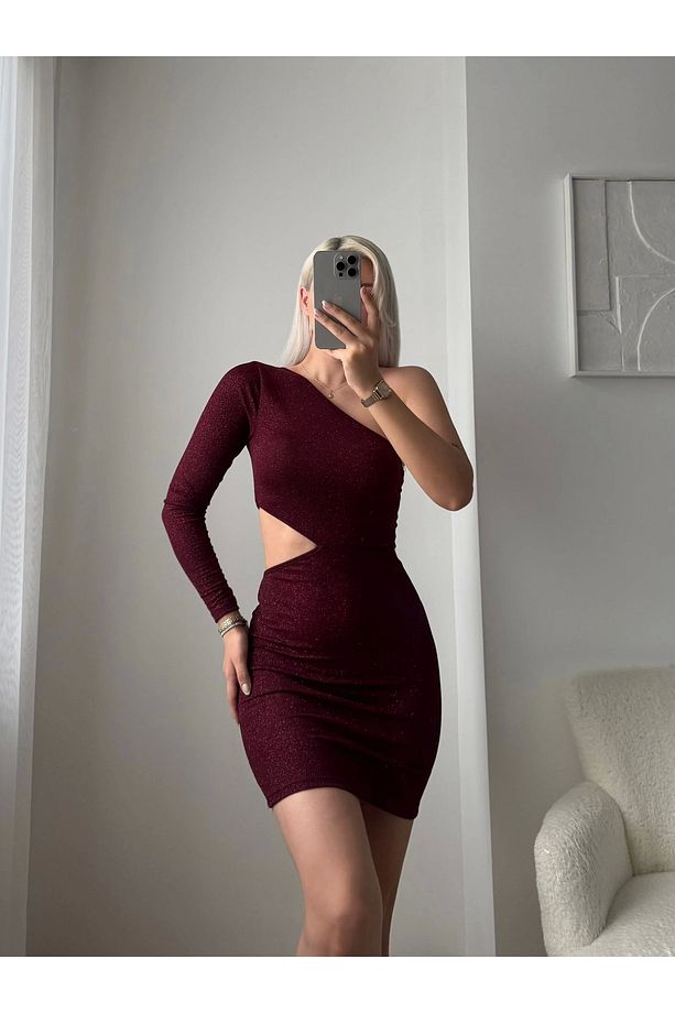 Bel Dekolte Tek Kol Simli Elbise - BORDO - 3