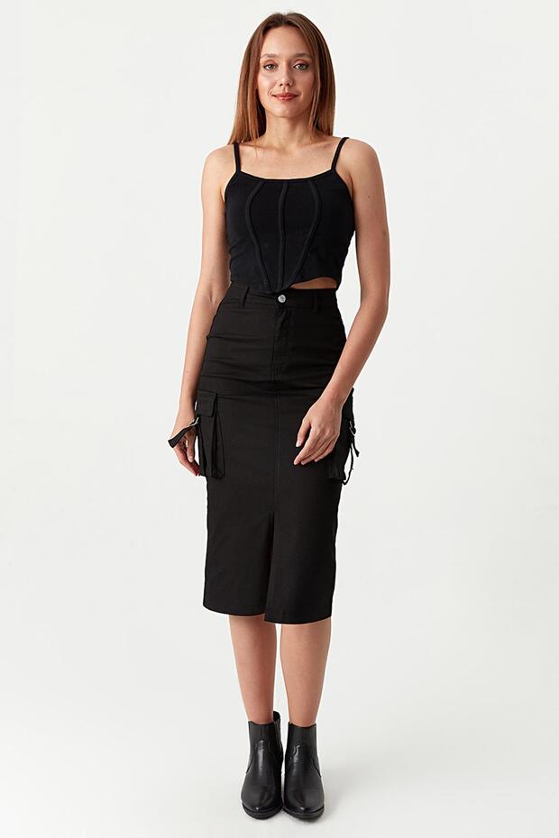 Kadın Kargo Cepli Yırtmaçlı Midi Etek - 2