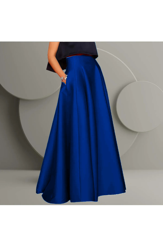 Women's Satin Pleated Flared Skirt with Pockets