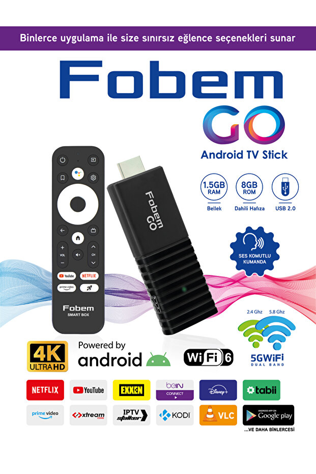 FOBEM Go 4k Stick Android Tv Box Medya Oynatıcı - Wi-fi6 1.5 Gb Ram 8 Gb Hafıza