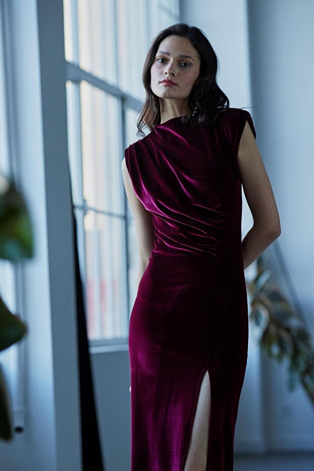 Drapeli Kadife Elbise - 2