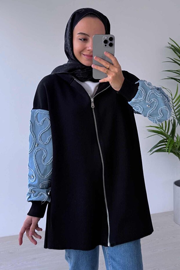 Kolları Kot Detaylı Triko Tesettür Hırka - Siyah - 1