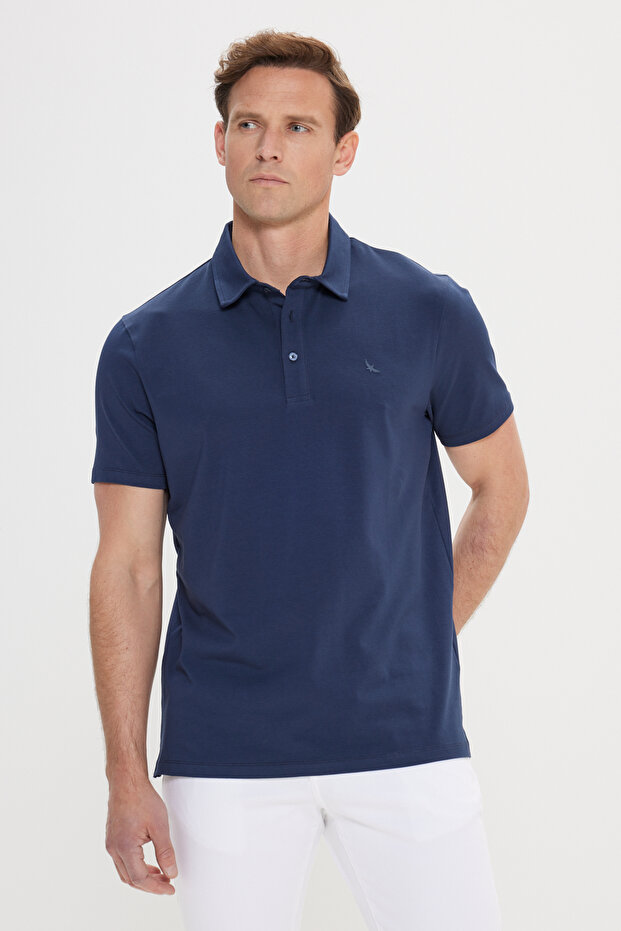 Men's Navy Blue 100% Cotton Slim Fit Slim Fit Polo Neck T-Shirt