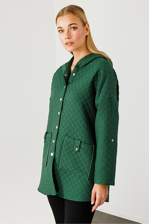 Modailgi Kapüşonlu Kapitone Mont Yeşil - 4