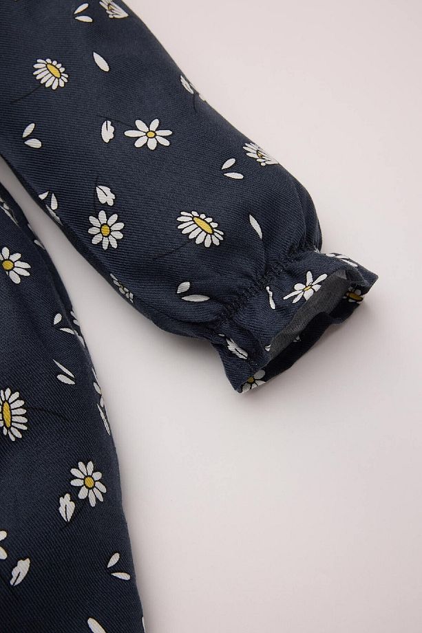 Kız Bebek Çiçekli Uzun Kollu Yakası Fırfırlı Twill Elbise D5633A524WN - 3