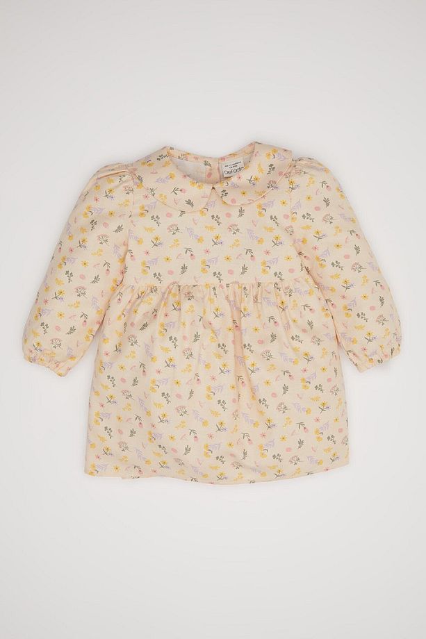 Kız Bebek Geniş Yaka Çiçek Desenli Uzun Kollu Twill Elbise D2557a524au - 1