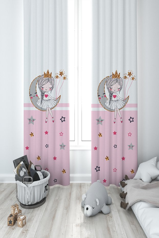 Baby and Children's Room Princess Girl Sitting on the Moon Patterned Pink 2 Wings Background Curtain Ybp-8390