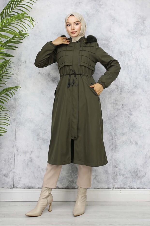 1101 Bondit Coat with Plush Inside and Fur Collar, Khaki