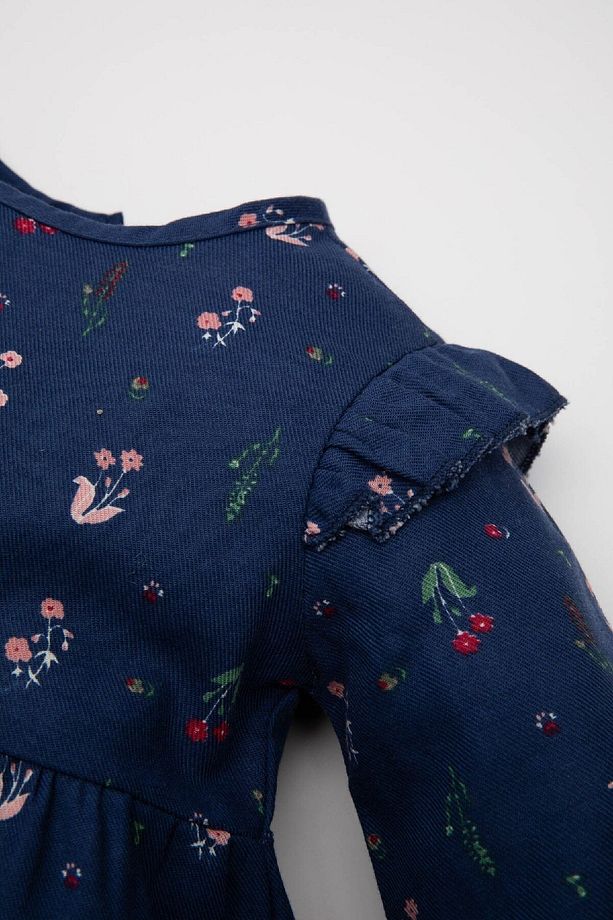 Kız Bebek Bisiklet Yaka Çiçek Desenli Fırfırlı Uzun Kollu Twill Elbise D3075a524au - 2